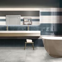 Luxury hi-tech bathroom with big mirror and window. 3d render